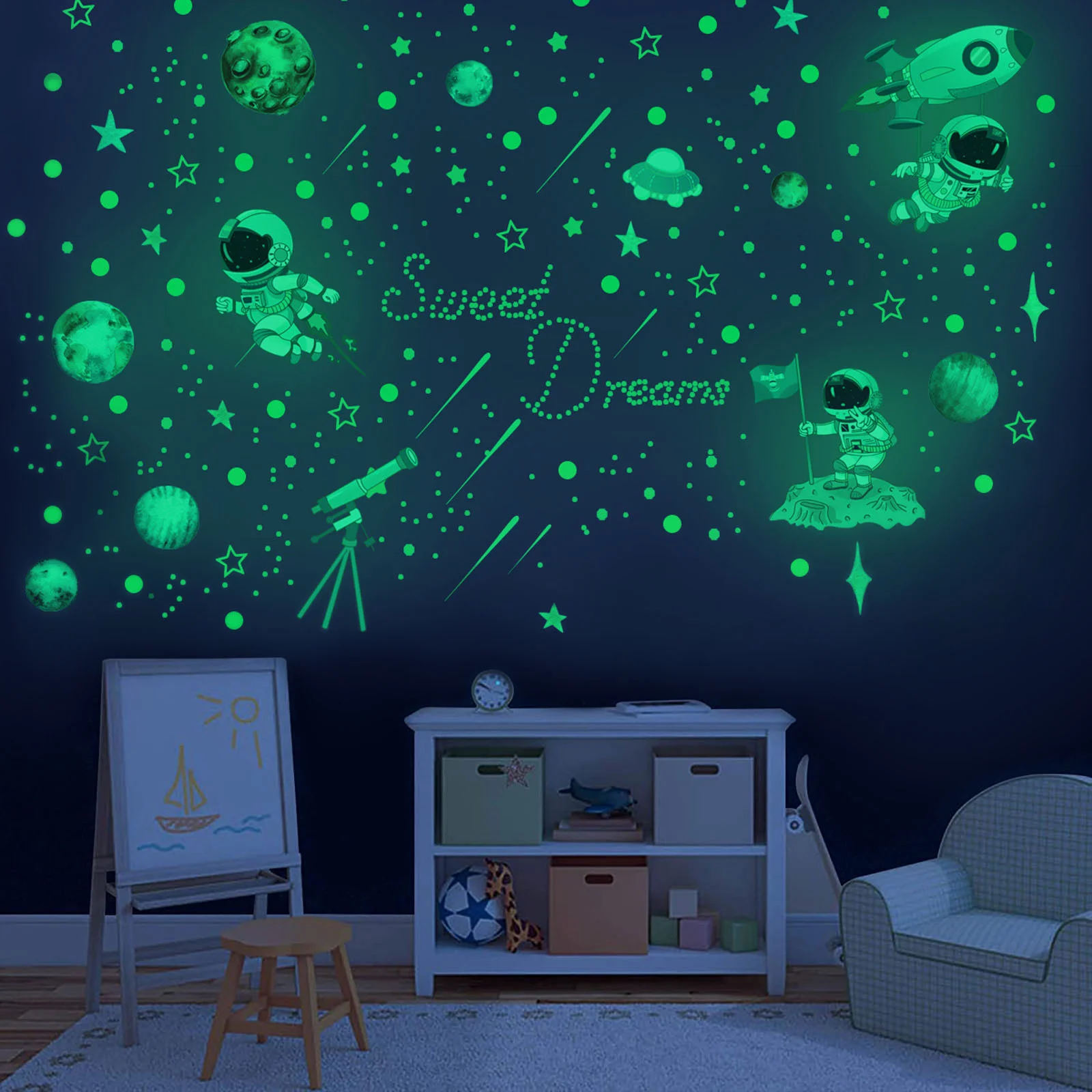 

Wall Decals Stickers Space Sticker Wallpaper Bedroom Kids Background Luminous Glowing Astronaut Planet Decor Cabinet Flower