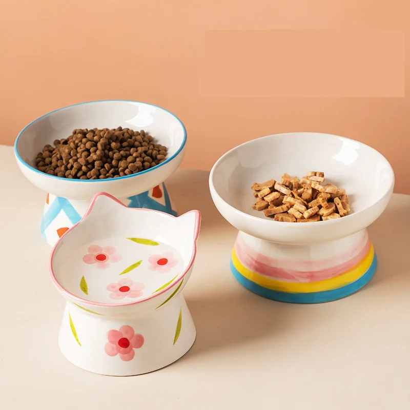 

New Cat Food Water Bowl Pet Animal Ceramic Eating Dishes High Foot Print Puppy Kitten At Feeder Bowls Dog Accessories