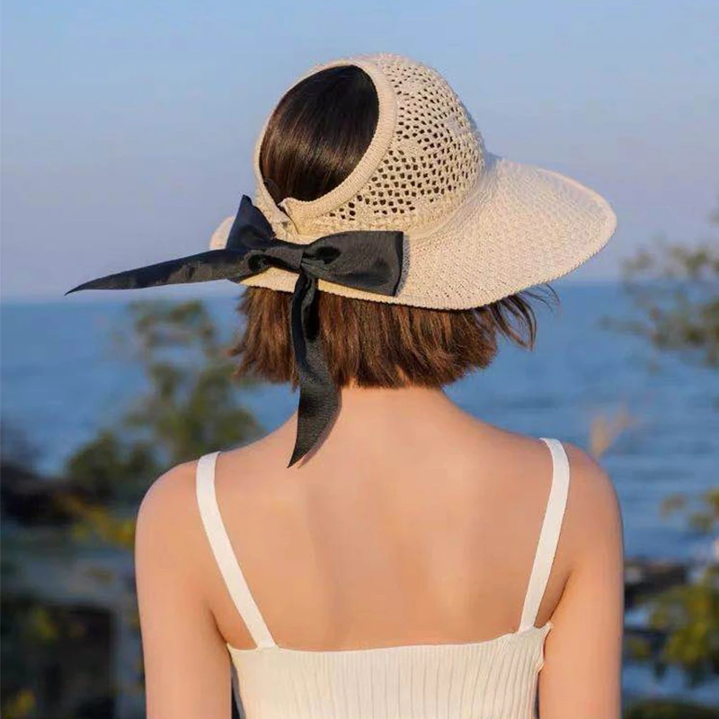 

Women Summer Big Wide Brim Straw Hat Female UV Protect Ponytail Beach Sun Hats Hollow Top Foldable Ribbon Bows Ladies Panama Cap