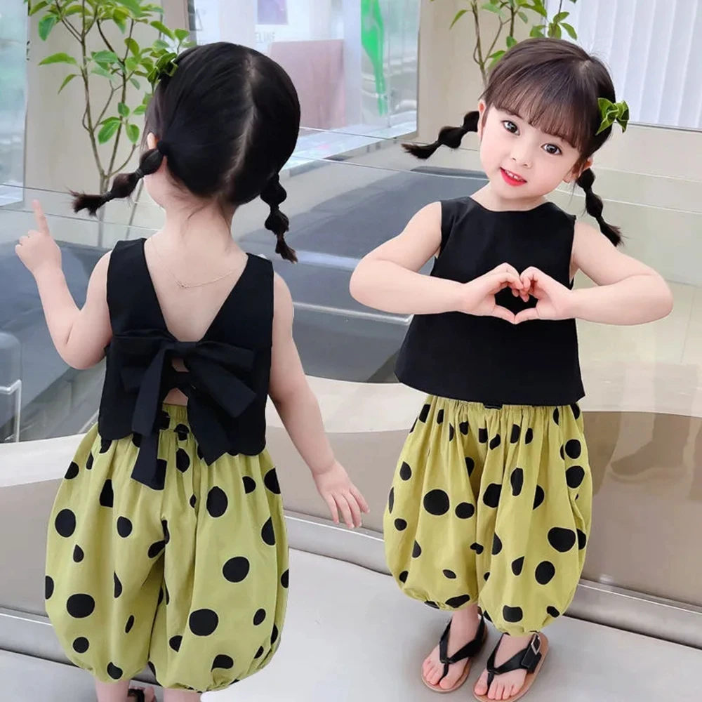 

1-8 Years Toddler Baby Summer Daily Outfits Children Sleeveless Clothing Sets Black Tops and Loose Pants Kids 2 Pieces Clothes