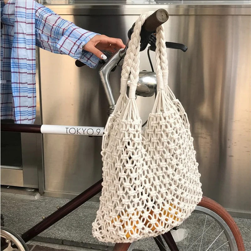 

Плетеная Сумка 2022, летняя пляжная Хлопковая Сумка-мешок с вырезами, Повседневная однотонная мягкая вместительная сумка через плечо, сумка