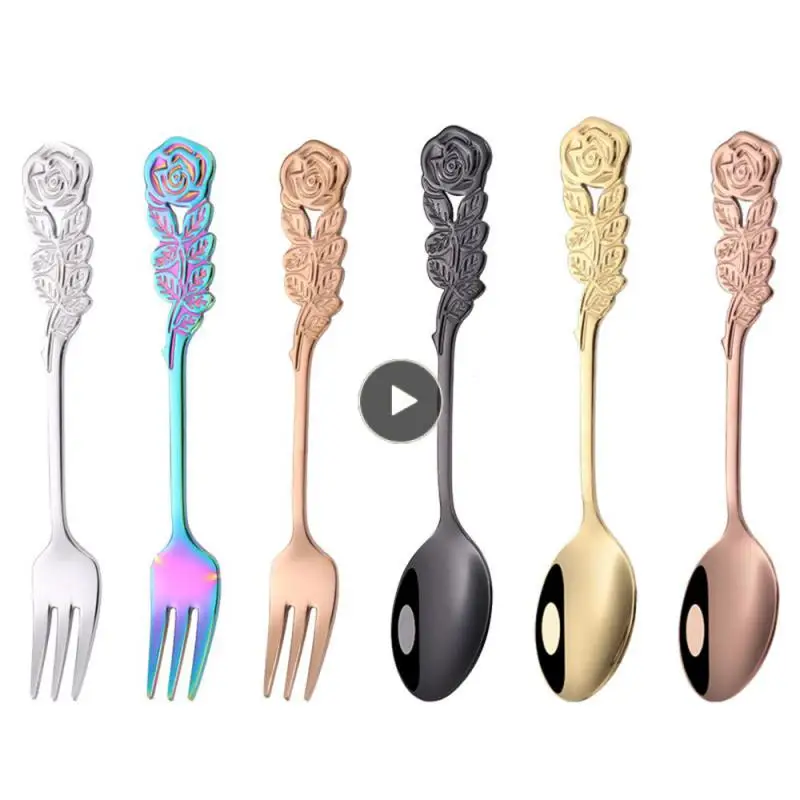 

Rose Handle Stainless Steel Fork Spoon Elegant And Classical Dessert Spoon Fruit Fork Fork Mirror Polishing Mixing Spoon