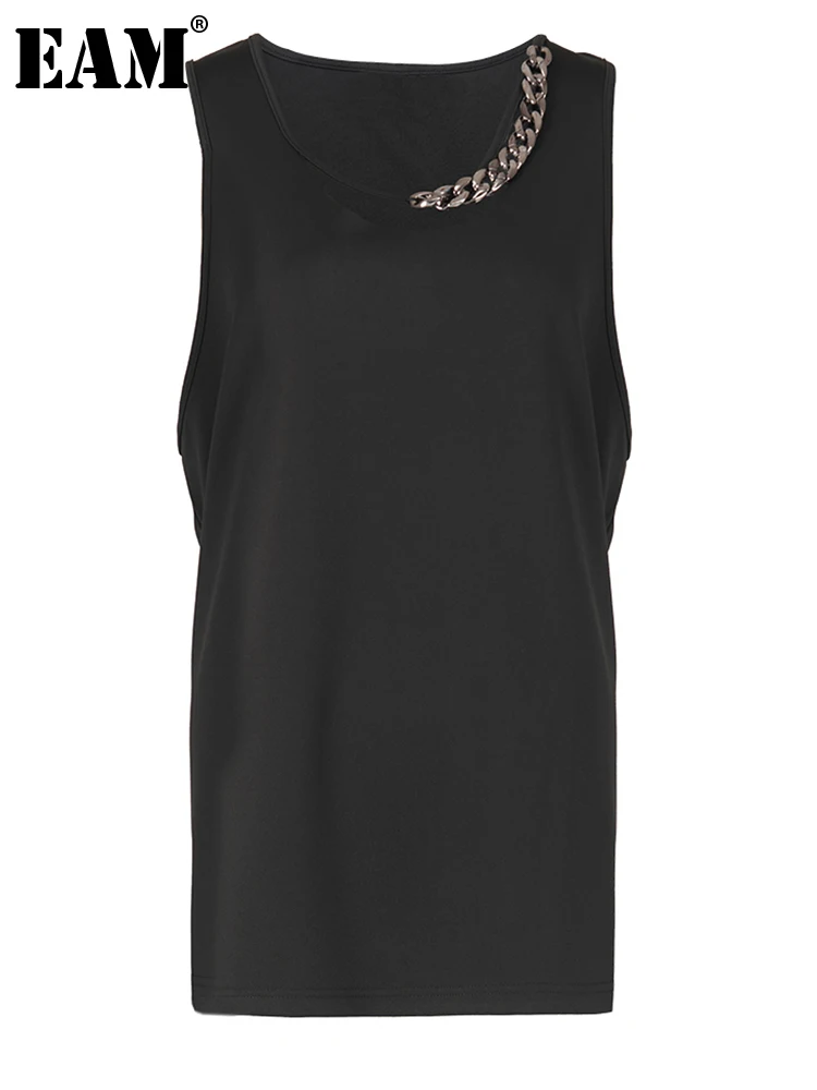 

[EAM] женские черные повседневные топы на бретелях с металлической цепочкой, новые модные топы без рукавов с круглым вырезом, весна-лето 2023 1DF6315