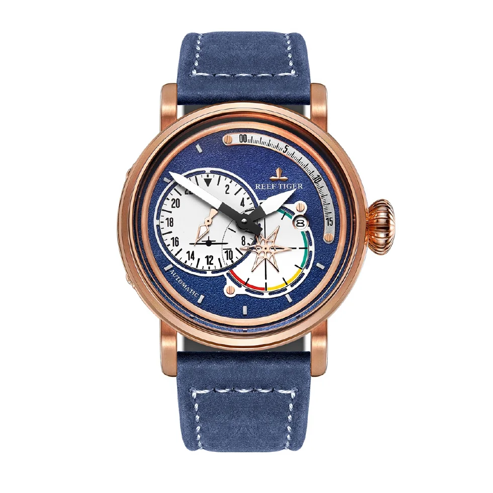 

Reef Tiger Men Luxury Watch, Pilot Mens Automatic Watch Military Waterproof Mechanical Wristwatch Sapphire Mirror Leather Strap