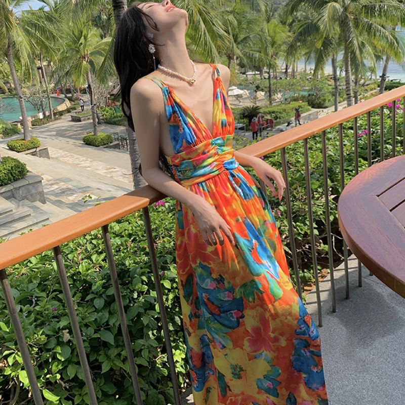

Temperament Retro V-Neck Fragmented Flower Strap Dress with Waist Wrapped Beach Dress sexy dress