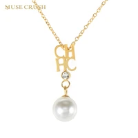 muse crush women girl stainless steel hollow letter cut white pearl charm pendant necklace trendy jewelry