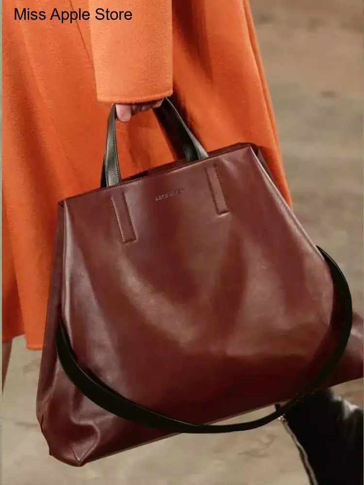 Ladies Commuter Bucket Tote Bags Soft New Fashion Genuine Leather Women's Handbags Large Capacity 14-15.6 Inch Laptop Bag