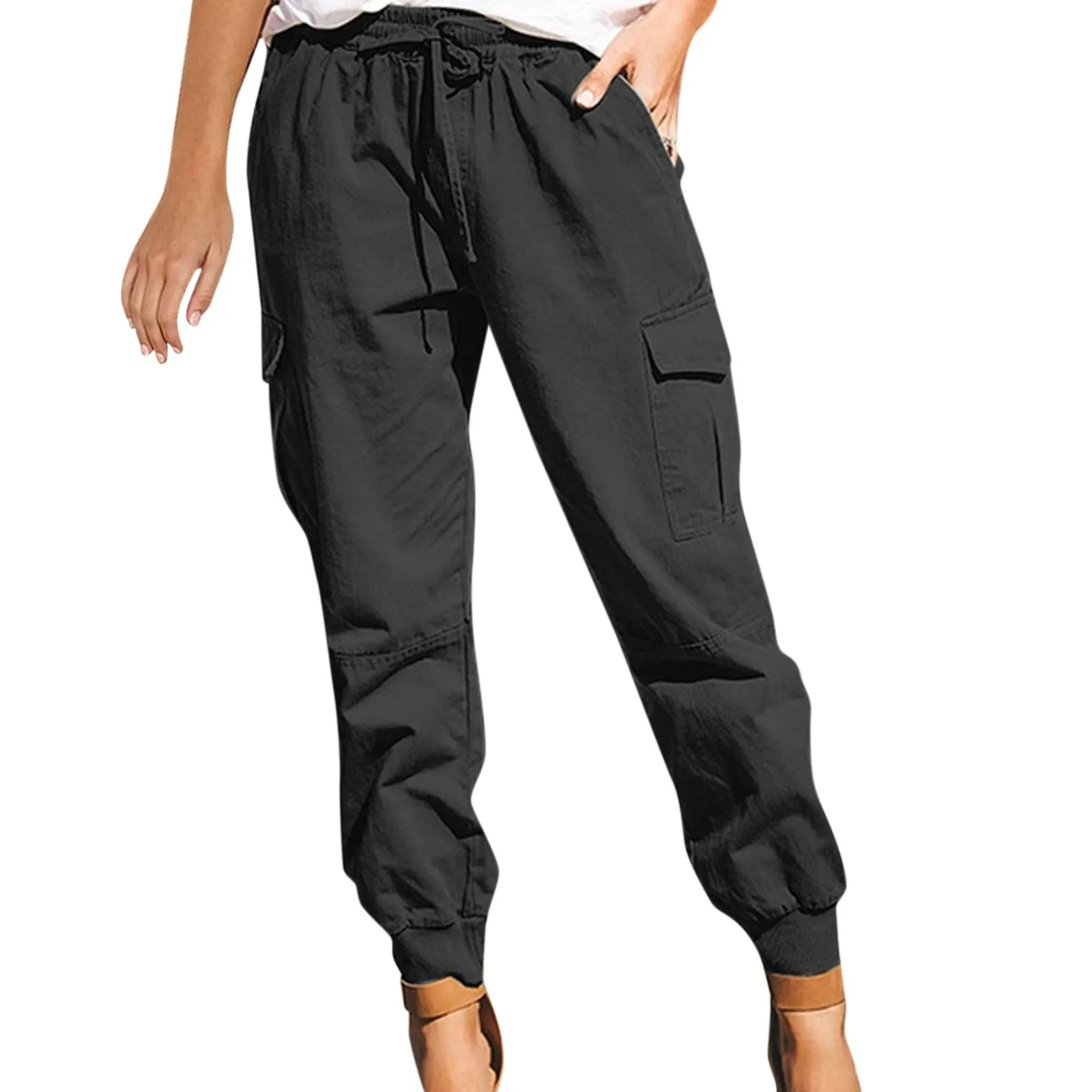 Women's Cargo Pants Casual Solid Color Drawstring Wide Leg Trousers Overalls Comfort Elastic High Waist Long Pants with Pockets