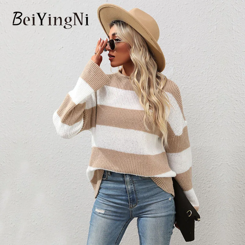 

Beiyingni Autumn Winter Womens Sweater Striped Spell Color Fashion Knitting Loose Khaki Pullover Female Casual Streetwear Jumper