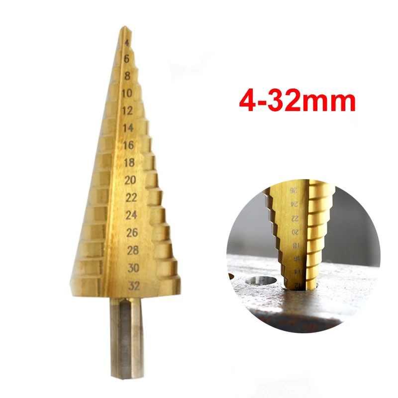 

4-32mm Step Drill Bit HSS Titanium Coated Metal Hex Core Drill Bits Sharpener Multifunction Stepped Drilling Conical Woodworking