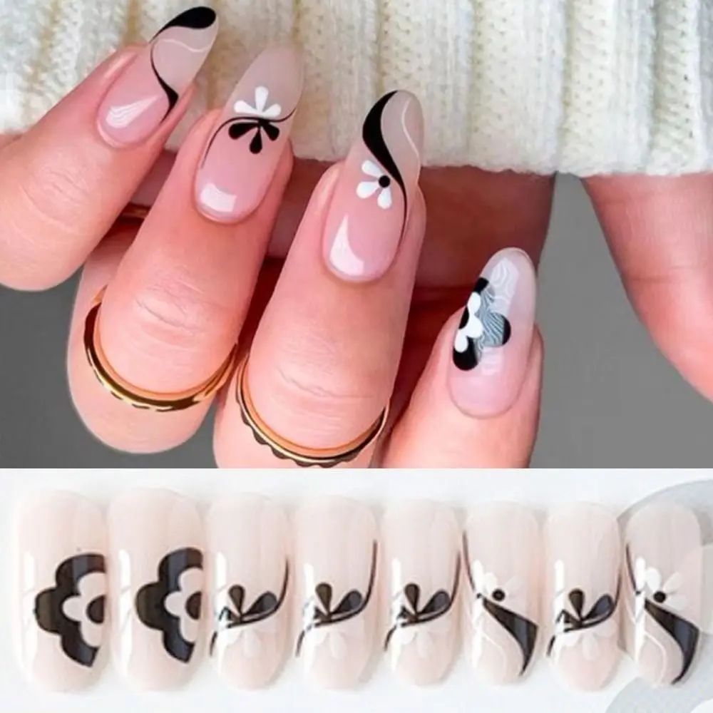 

24pcs DIY Manicure Full Cover Flower Press on Nails Fake Nails Long Almond French