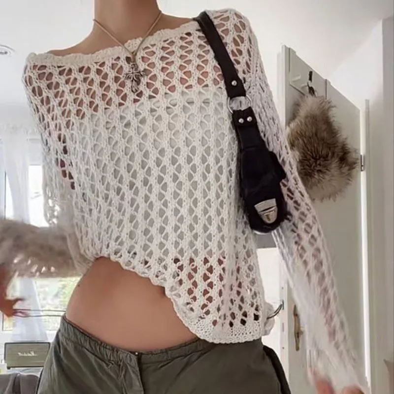 

Y2K Hollow Out Cropped Knit Smock Top Women Vintage Loose Distressed Crochet Pullovers Crop Tops Fairy Grunge Sweater Cover-up