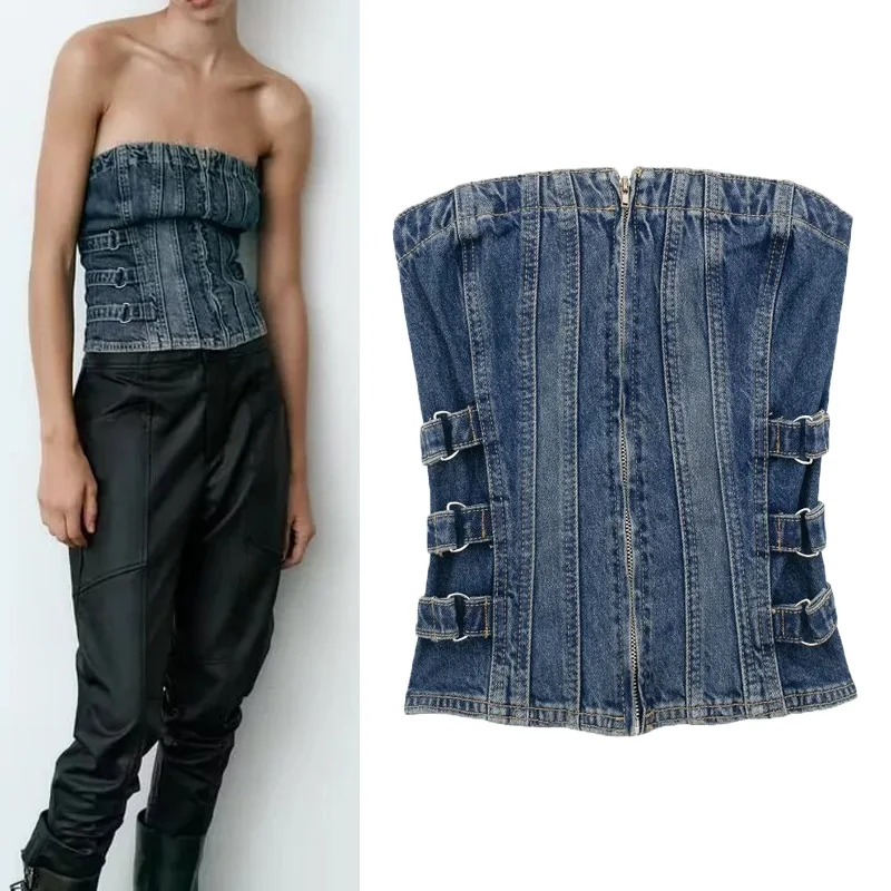 

Женский джинсовый жилет без бретелек TRAF, женская сексуальная Модная Джинсовая майка с боками, новинка 2023, облегающий винтажный топ на молнии