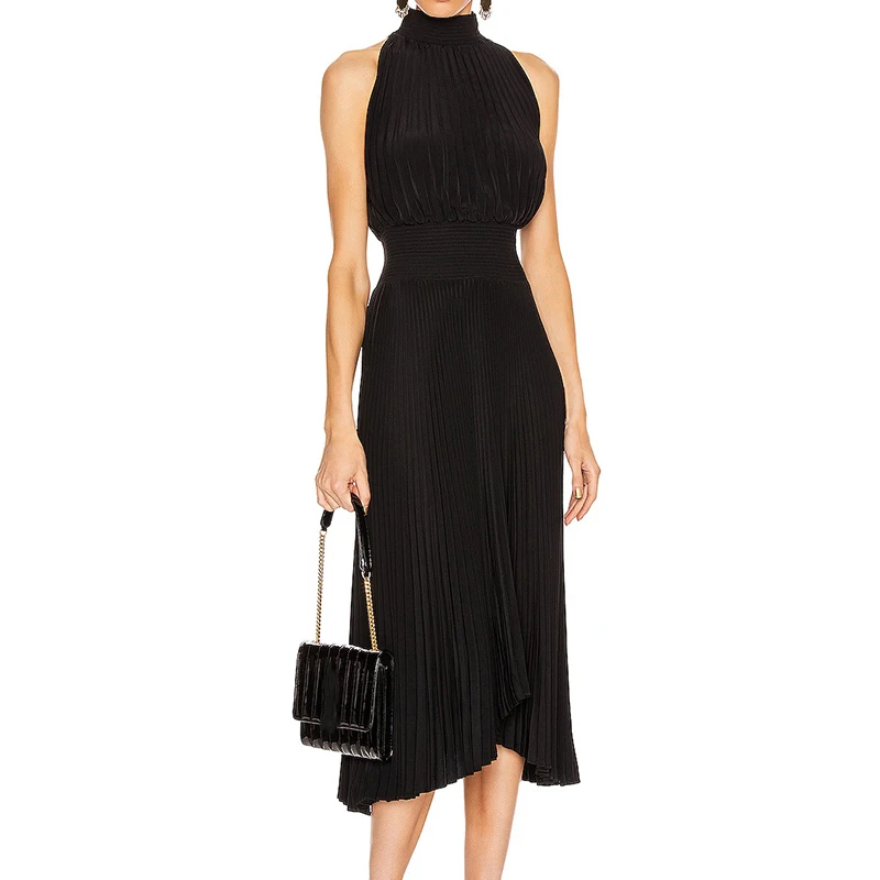 

22 New Fashion Summer Runway Designer Dresses Women Black Stand Collar Sleeveless Pleated Tight Dress High Quality Elegant Dress