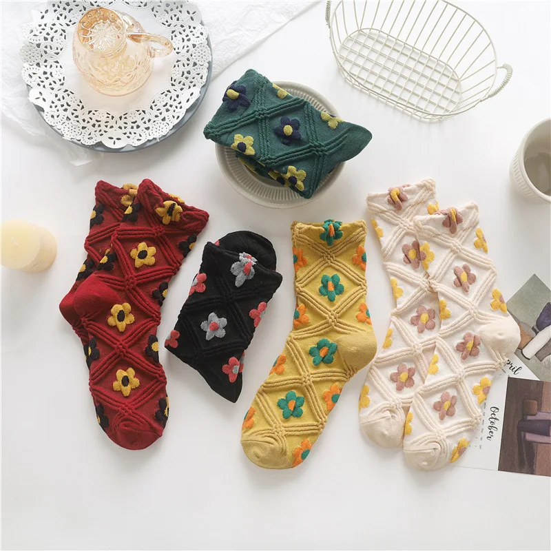 1 Pair Women Socks Cartoon Art Flower Plant Kawaii Funny Casual Socks Female Cotton Sock Hosiery Streetwear Harajuku Crew Sox