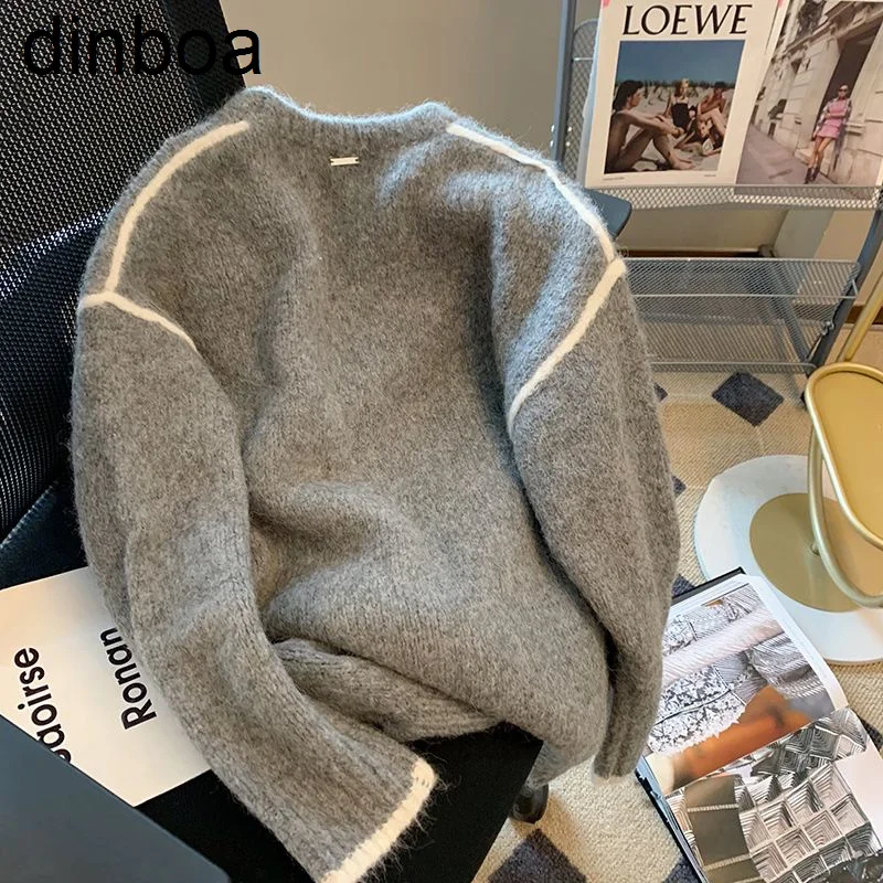 

Женский трикотажный пуловер контрастной расцветки, повседневный Однотонный свитер с круглым вырезом и длинными рукавами в Корейском стиле, Y2k, Осень-зима 2022