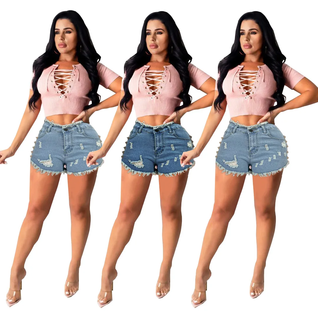 

Womens Summer High Waist Frayed Rivets Washed Denim Shorts Beach Hot Pants High Elastic Shorts Jeans Feminino Fashion Streetwear