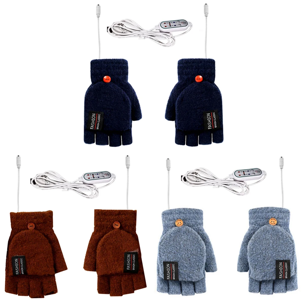 

Перезаряжаемые варежки с подогревом для мужчин и женщин, двухсторонние теплые перчатки с USB, 3 режима, регулируемые полупальцы для езды на ве...