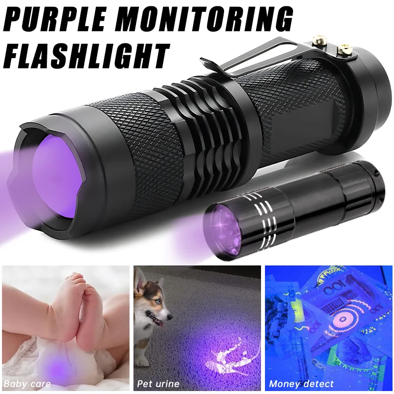 

LED UV Flashlight Zoomable Ultraviolet Torch Pet Urine Stain Detector Tools Scorpion Hunting Inspection Lamp Mini Torches Lights