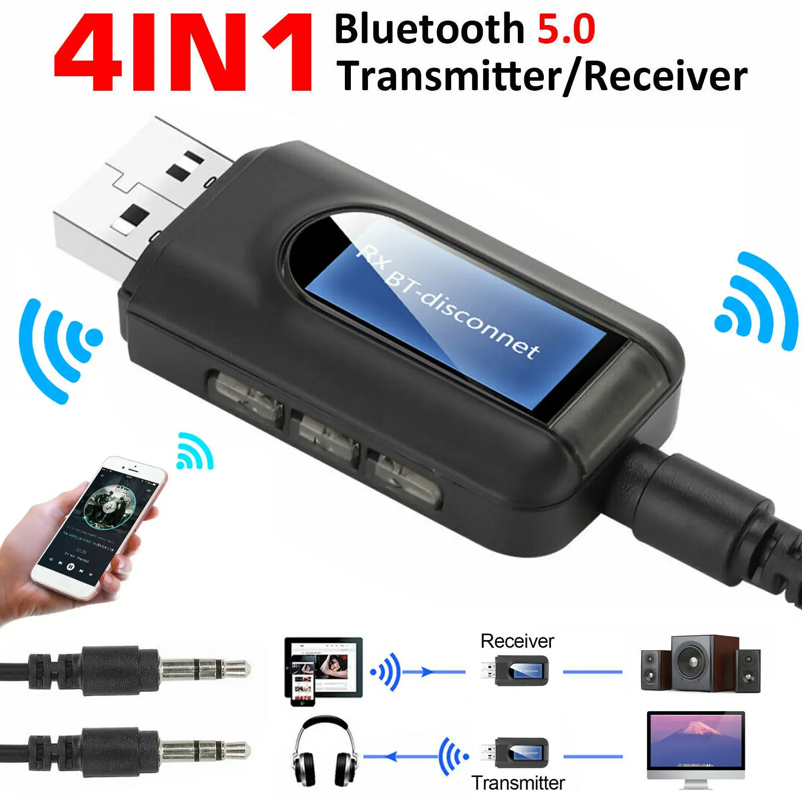 

Gtwoilt Bluetooth 5.0 Transmitter Receiver 4 IN 1 Wireless Audio 3.5mm USB Aux Stereo Music Adapter For Car TV PC Headphone