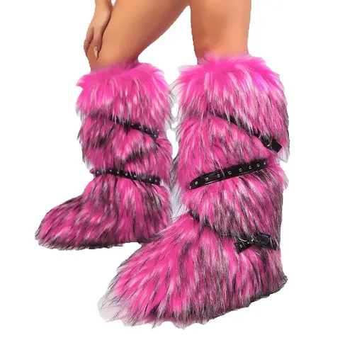 Red Animal Fur Belt Buckle Mid-Calf Boots Platform Round Toe Plush Warm Winter Women's Boots Slip On Rivet Runway Shoes Sexy