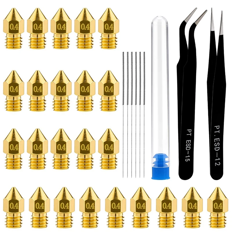 

24Pcs 0.4Mm 3D Printer Nozzles Extruder Nozzles For MK8 With Nozzle Cleaning Needle Tweezer For Makerbot Creality CR-10