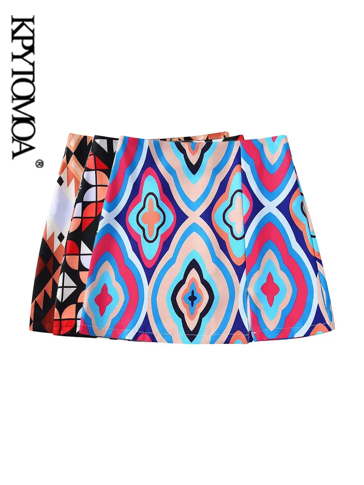 

KPYTOMOA Women Fashion Printed A Line Mini Skirt Vintage High Waist Side Zipper Female Skirts Mujer