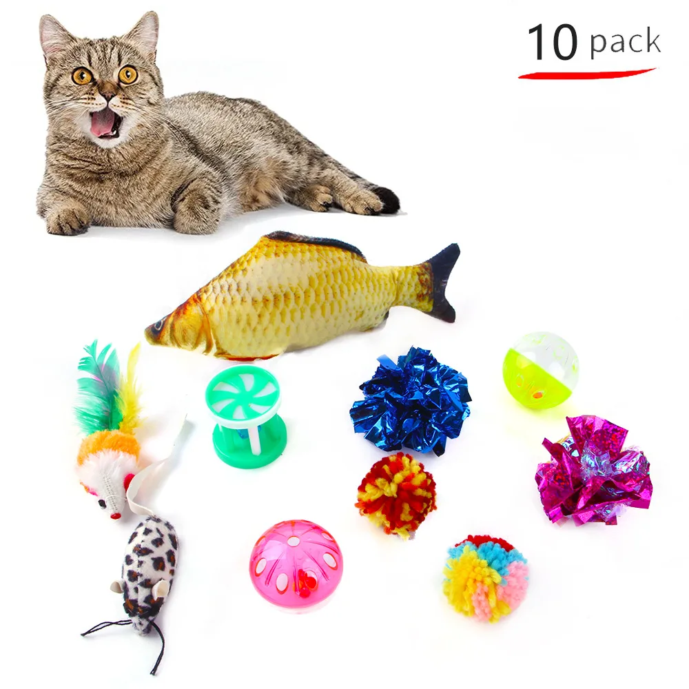 

Pet Toy 10pcs Set Cat Bell Ball Toy Funny Cat Feather Plush Mouse Catnip Carp Various Interactive Combination Toys Cat Supplies