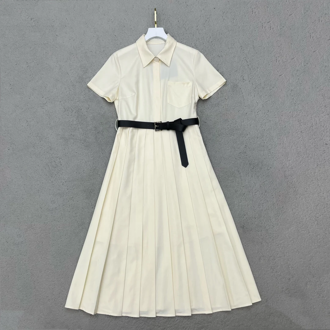 23 summer new shirt neck dress oversized swing pleated skirt train with new belt show thin and senior everything