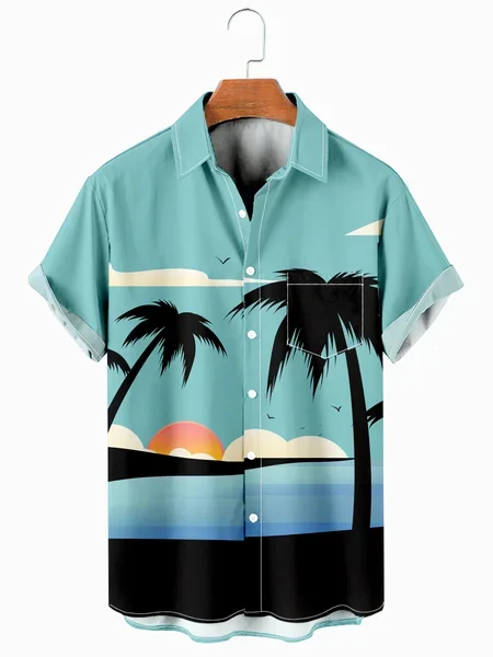 

Mens Aloha Coconut Tree Loose Chest Pocket Short Sleeve Funky Hawaiian Shirts, Blue, Men's Floral shirt