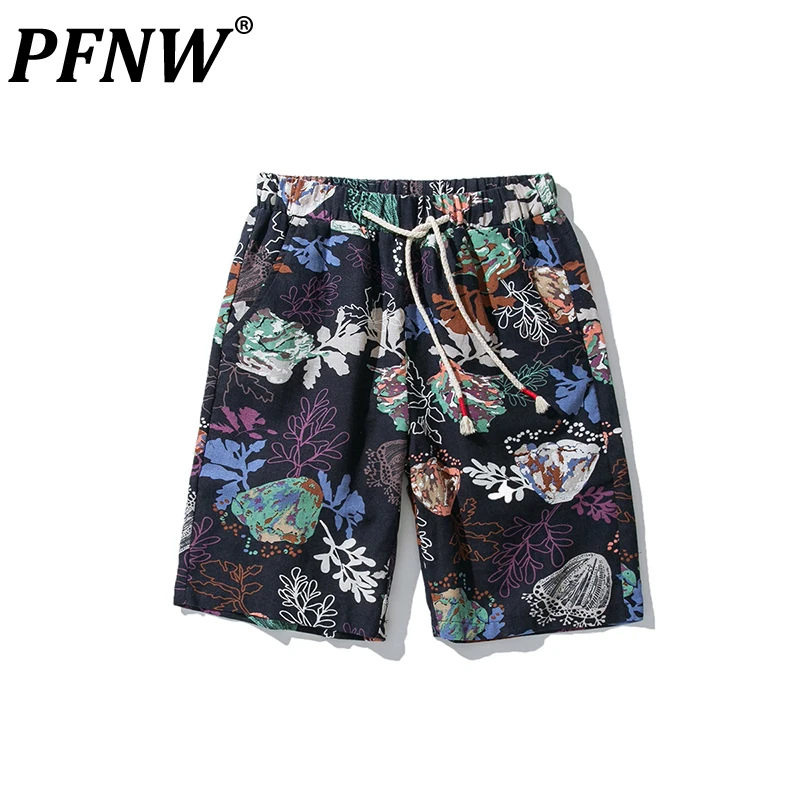 

PFNW Spring Summer New Men's Fashion Shorts Chinese Style Vintage Print Pattern Straight Casual Personality Beach Pants 28A1206