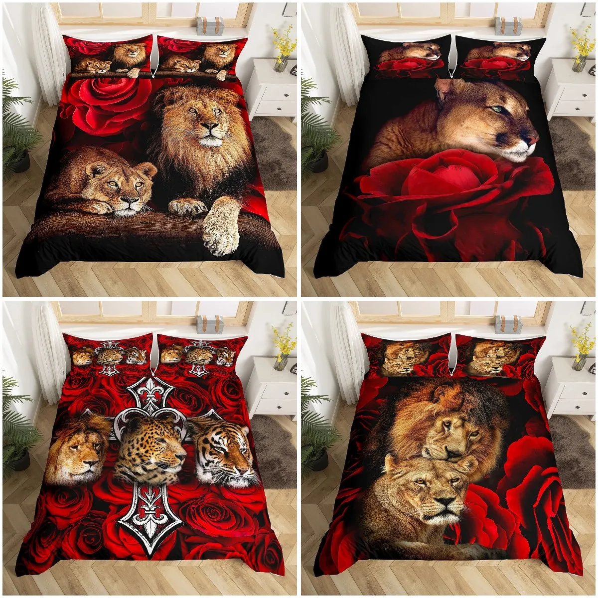 Комплект постельного белья с рисунком льва и роз |