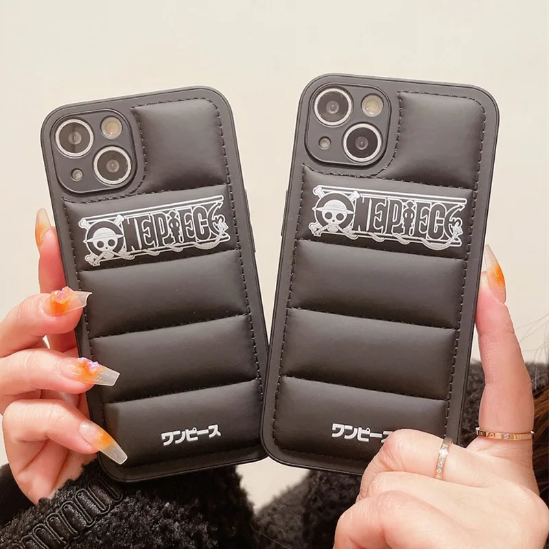 

Anime One Piece Luxury 3D Down Jacket Puffer Phone Case For iPhone 14 13 12 11 Pro Max X XR XS MAX Anti-drop Soft Cover Coque