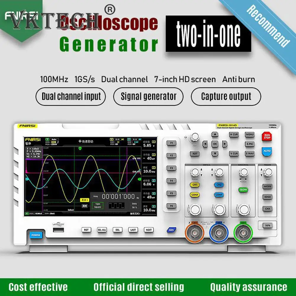 

2 in 1 2 Channels 7 inch TFT LCD Display Digital Oscilloscope 1GSa/s Sampling Rate 100MHz Analog Bandwidth Signal Generator