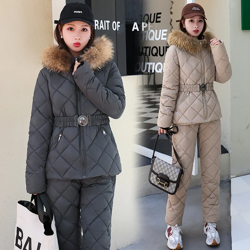 Winter Ski Suit Two Piece Sets Women Outifits Pants And Coat Top Outfits Female Parka Warm Down Jackets Woman 2 pieces Tracksuit