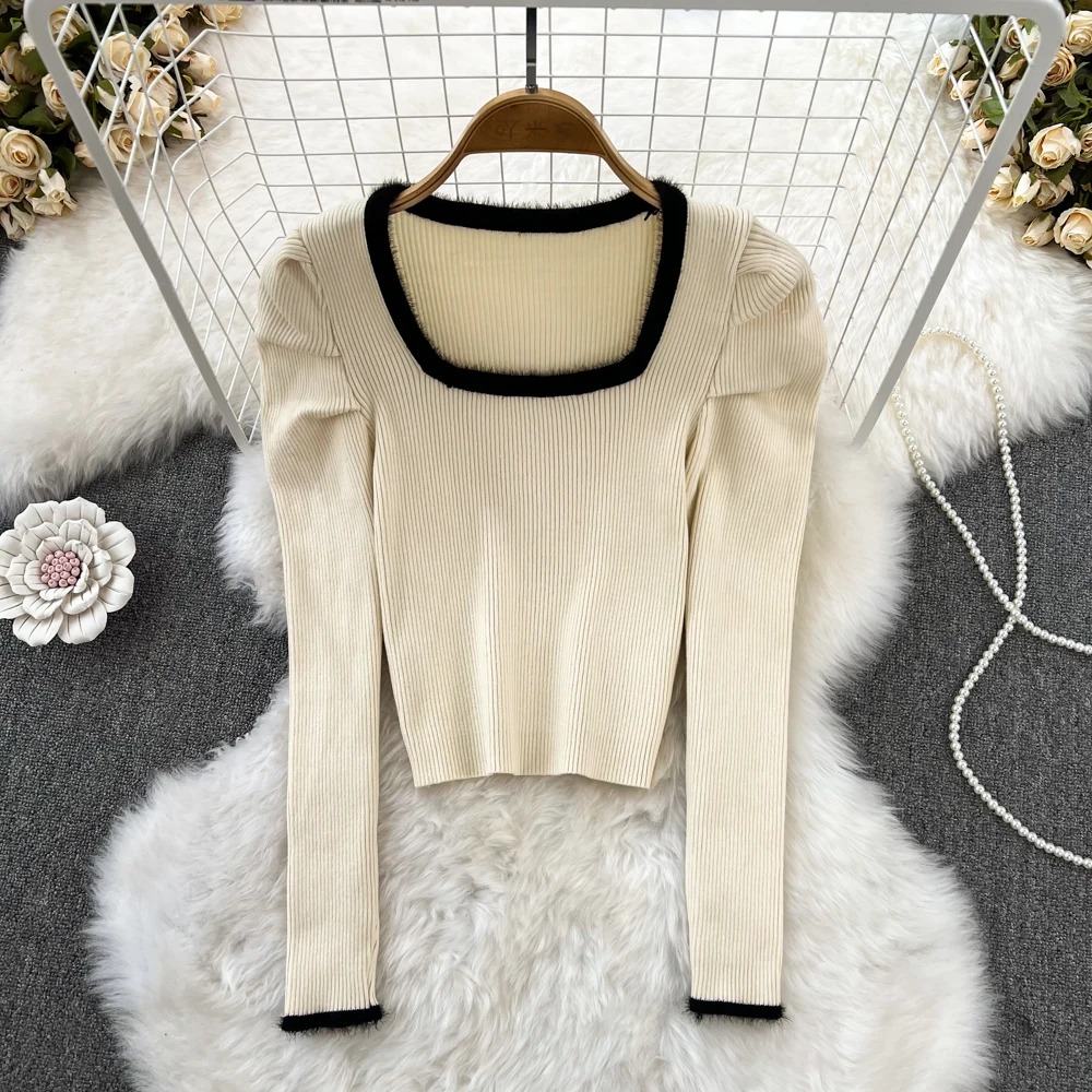 

Осенне-зимняя новая облегающая короткая трикотажная рубашка во французском стиле в стиле Хепберн с квадратным воротником