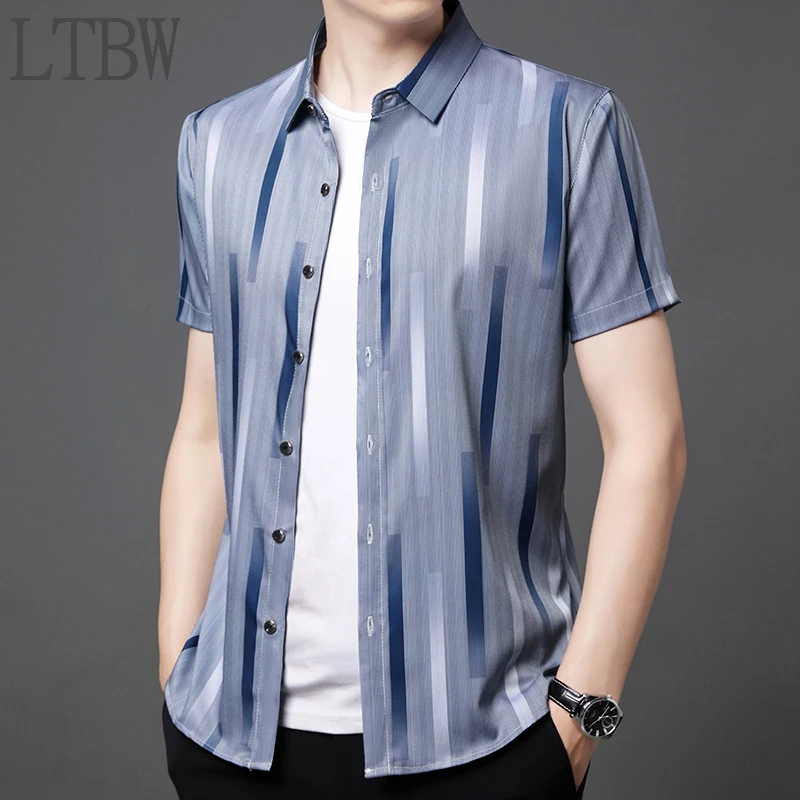 LTBW Fast Shipping New Vertical Striped Men's Short Sleeve Shirt Casual Short Sleeve Top