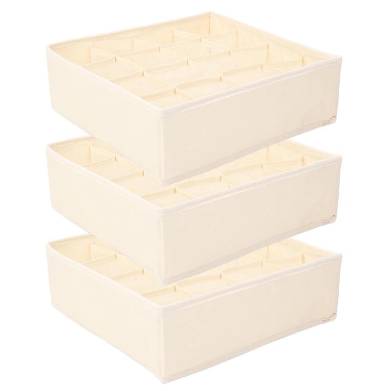 

3 Pack Sock Underwear Organizer Dividers, 64 Cell Fabric Foldable Cabinet Closet Organizers And Storage Boxes Beige