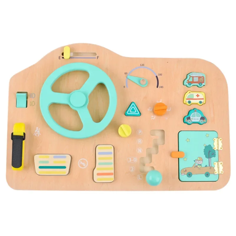 

Baby Montessori Busy Board Simulation Driving Car Wooden Toy Pretend Play Steering Wheel Dashboard Gear Shift Car Toys for Boys
