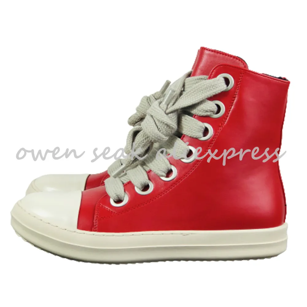 Owen Seak Women High-TOP Shoes Pu Leather Boots Men Canvas Big Lace Up Zip Luxury Trainers High Street Black Red Sneakers