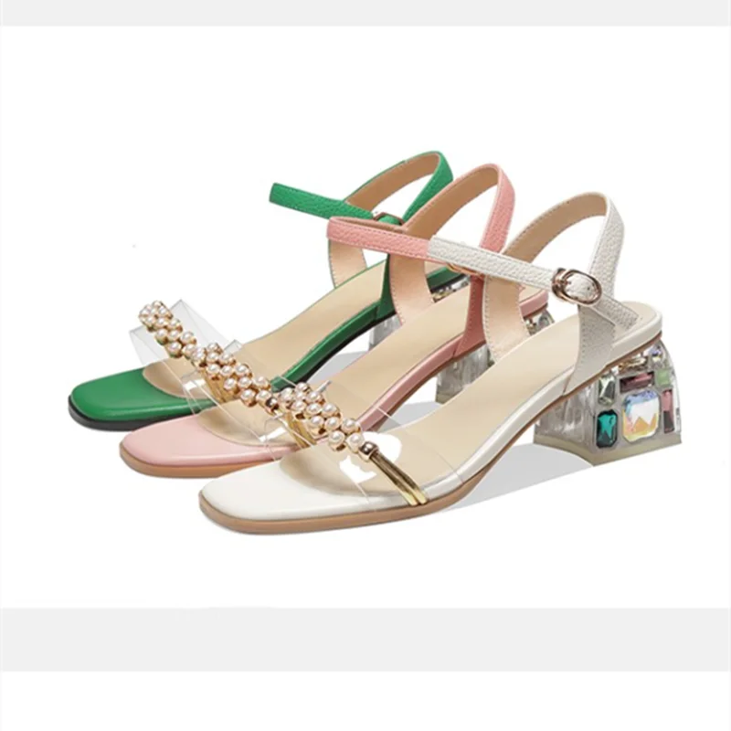 

Women Colorful Crystal Transparent Block 5.5cm Heels Sandals Front Open Toe Genuine Cow Split Leather Pumps With Buckle Strap 40