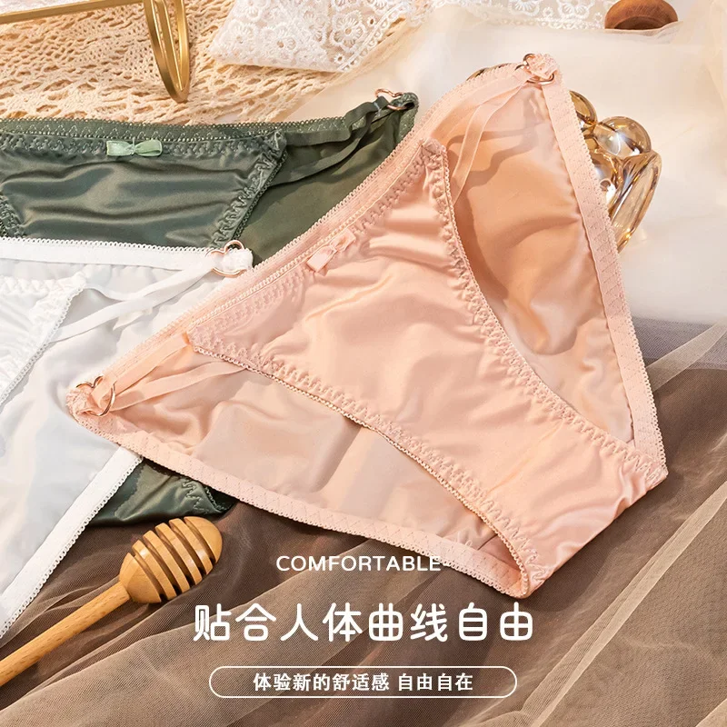 Silk satin surface String Femme Sexy Underwear Solid Color Metal Heart Hollow Out Slips Thong Panties Fashion 2024 Mutande
