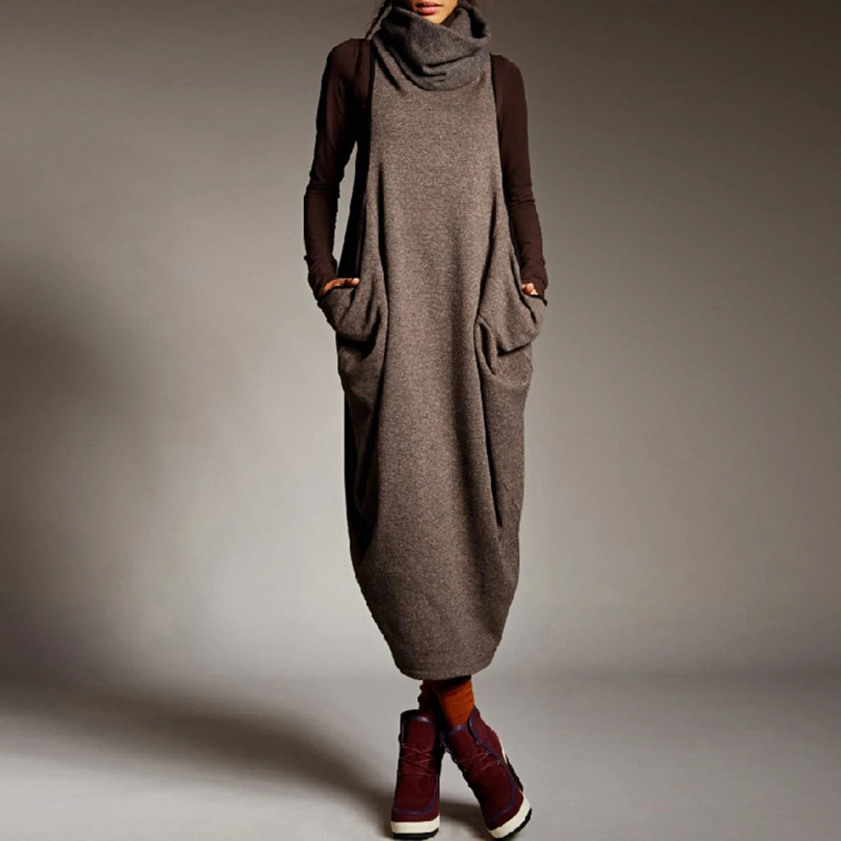 

Женское платье-миди без рукавов Uoozee с высоким воротом-Повседневное свободное Стильное однотонное платье с карманами для осени 2022