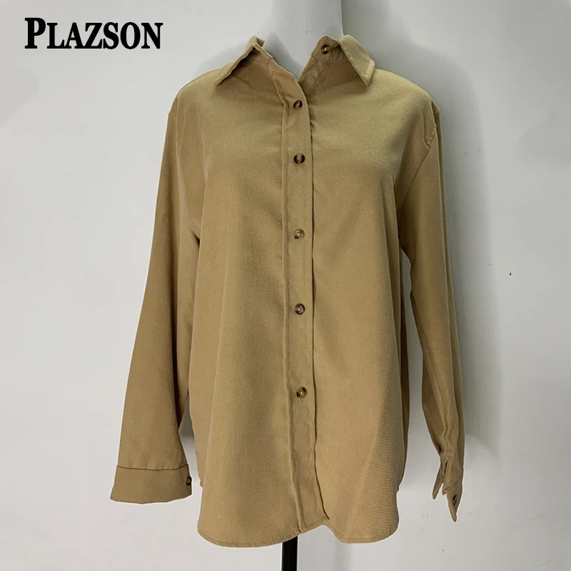 Женская Винтажная Классическая Рубашка Цвета Хаки Повседневная Осенне-зимняя