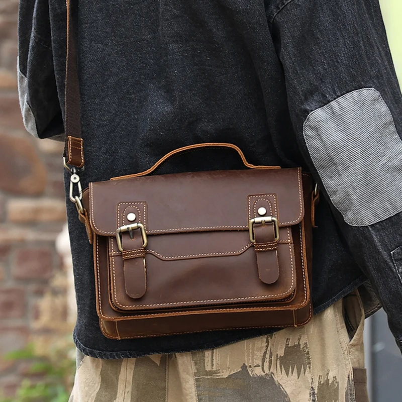 New men's bag leather small square bag casual retro single shoulder bag Crazy horse leather cross-body bag for men