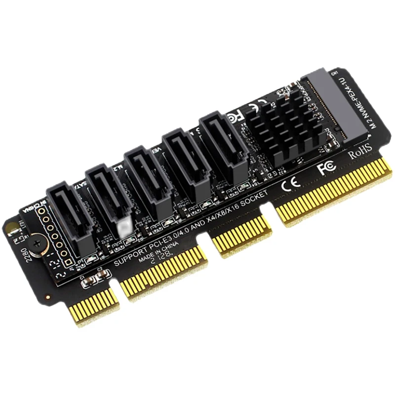 

AU42 -M.2 NVME PCIE X4/X8/X16 To 5-Port SATA3.0 6Gb/S JMB585 Hard Disk Expansion Card For Bitcoin Mining Motherboard