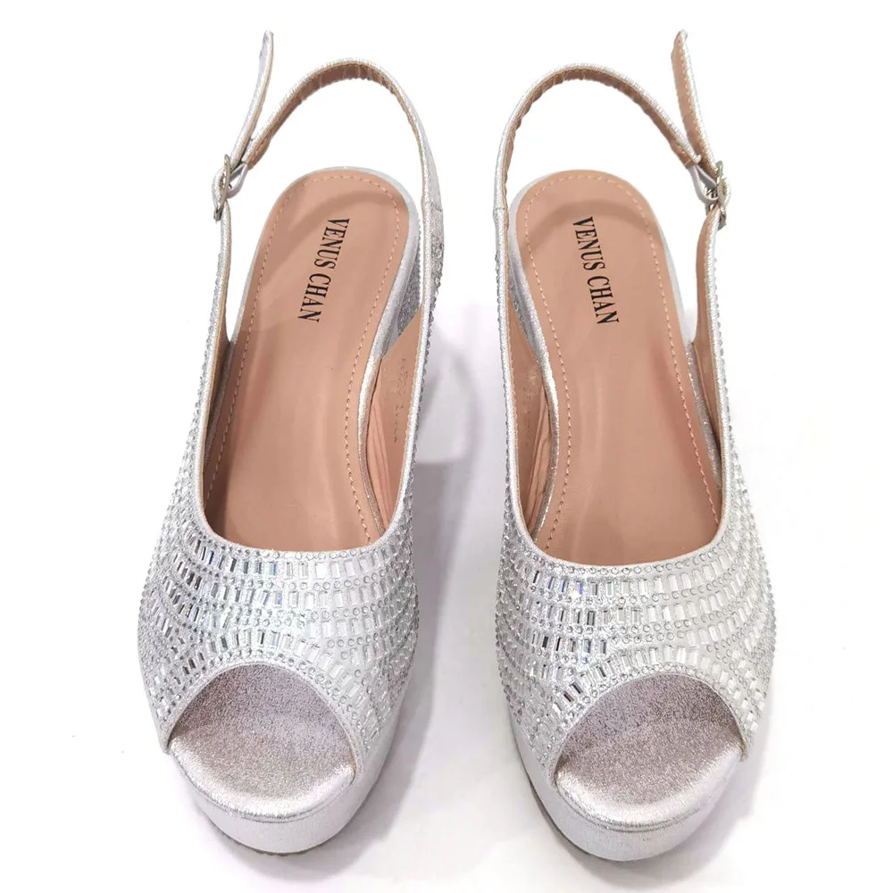 Venus Chan Latest Summer Women's Shoes Platform Heels Italian Design All Diamond Silver Evening Shoes and Bags Matching Set 2023