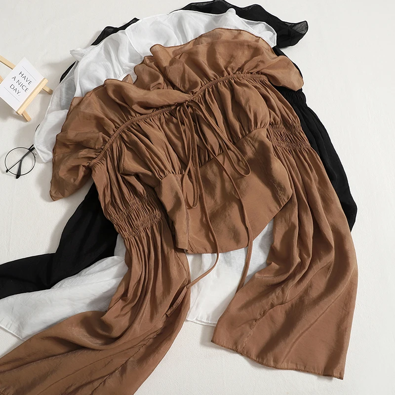 

Шикарная модная пикантная плиссированная блузка Hikigawa с воротником-лодочкой и оборками, с длинным рукавом, связанная стандартами тела, одно...