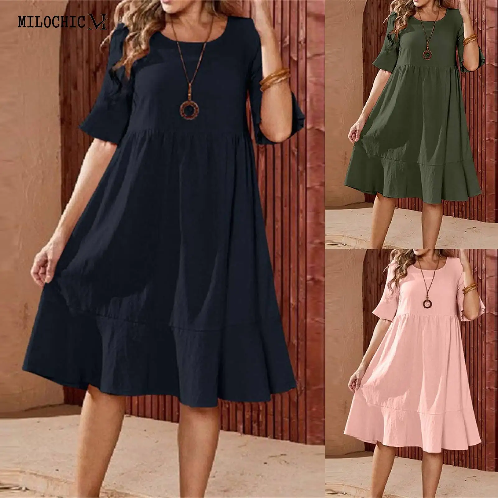 

MILOCHIC Women Short Sleeve Dress Casual Swing Summer Dress Pleated Cotton Linen Fashion Solid Color A Line Comfy Beach Sundress