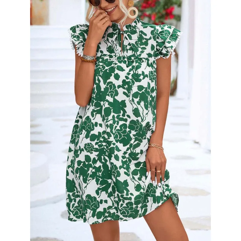 

2023 Summer Floral Dress Women Loose Short Party Dress Ladies V Neck Mini Ruffle Print Dress For Women